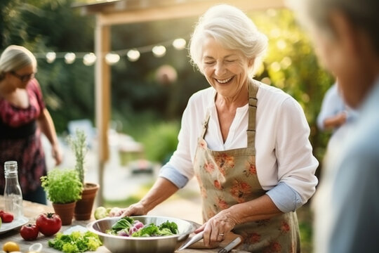A delighted mature woman participating in a fun-filled cooking competition, creating memories and delicious dishes Generative AI