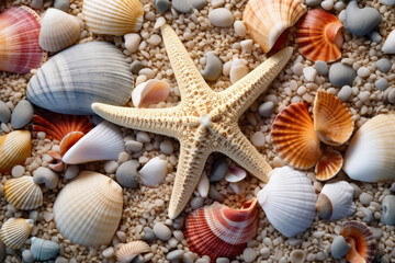Fototapeta na wymiar Vibrant Starfish and Colorful Seashells on Golden Beach Created with Generative AI