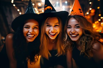  Friends enjoying party celebrating in Halloween witch costume made with generative ai technology