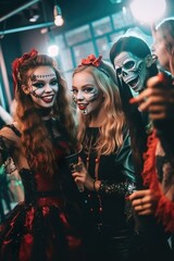  Friends enjoying party celebrating in Halloween witch costume made with generative ai technology