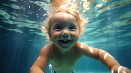 Active baby diving in swimming pool with fun jump deep down underwater.
