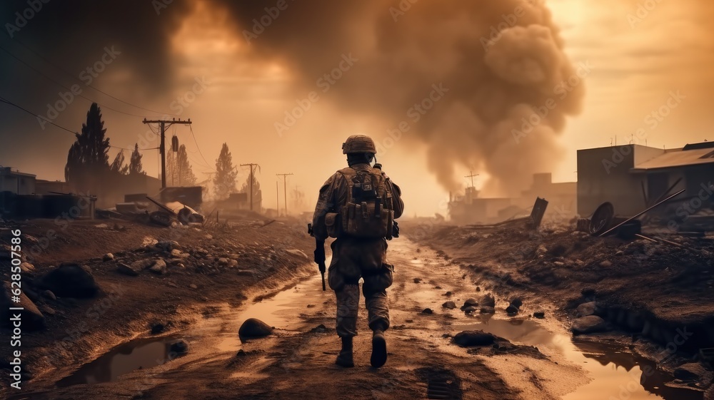 Canvas Prints Military soldier, Soldier in the middle of a war in destroyed city.