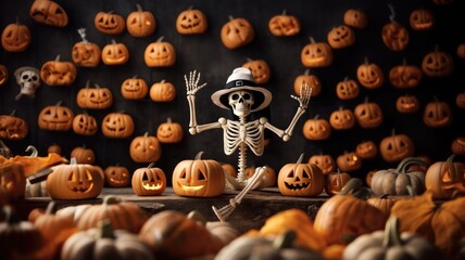 Halloween background, Skeleton with pumpkins.