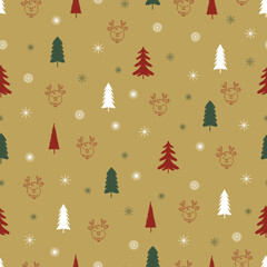 Christmas seamless pattern. Fir trees, reindeers; snowflakes whimsical arrangements. Allover print Xmas motifs textured background