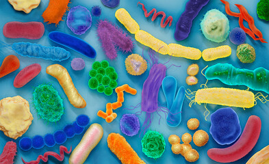 Different shapes and types of bacteria on a blue surface, representing germs, dirt, lack of hygiene, colorful 3d illustration