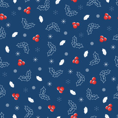 Holly leaves, mistletoes, snowflakes seamless pattern. Allover print Christmassy textured background of Christmas doodle motifs