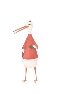 Stork. children's illustration of a stork in a red sweater with polka dots