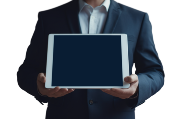 businessman hands holding digital tablet computer with blank blue screen isolated on white background, Generative AI
