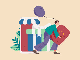 Holiday Shopping E-Commerce Online Shopping People Flat Vector Concept Operation Hand Drawn Illustration
