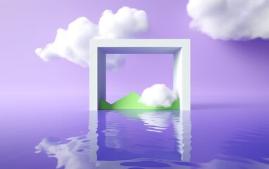 3d render, abstract fantasy surreal background with green rhombus hole in the violet wall and white clouds flying above the water. Minimalist geometric wallpaper. Dreaming metaphor