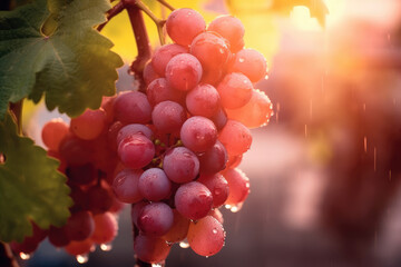 Fresh pink grape fruits still wet with dew growing on a plantation in the morning during the golden hour