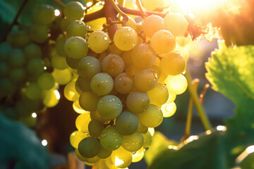 Fresh green grape fruits still wet with dew growing on a plantation in the morning during the...