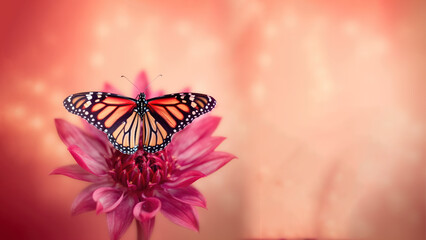 The monarch butterfly is perched on a red lotus flower that is blooming with a blurred background