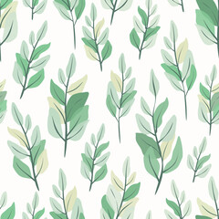 Vector illustration. Seamless pattern of green, beige leaves, floral pattern on a light beige background, pastel colors. Printing for textiles, fabrics, wallpaper, packaging, product design.
