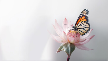 The monarch butterfly is perched on a pink lotus flower that is blooming with a blurred background - obrazy, fototapety, plakaty
