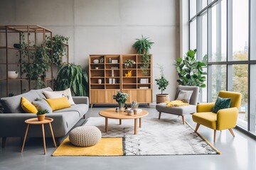 Cosy modern living room interior with yellow sofa and decoration room on a yellow or white wall background | Minimal concept. interior of living yellow, Generative AI