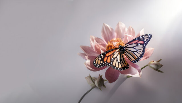The monarch butterfly is perched on a pink lotus flower that is blooming with a blurred background