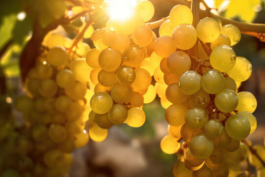 Fresh grape fruit still wet with dew that grows on a plantation in the morning during the golden hour