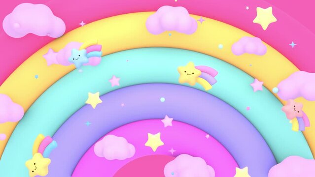 Looped kawaii stars in the rainbow sky animation.