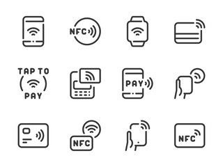 NFC and Contactless Payment vector line icons. Credit Card and Cashless Purchase outline icon set. Wireless Payment, Tap to Pay, Pos Terminal, Send Money and more.