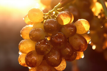Fresh grape fruit still wet with dew growing on an orchard during the morning of the golden hour
