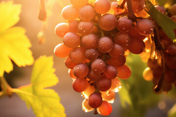 Fresh grape fruit still wet with dew growing on an orchard during the morning of the golden hour