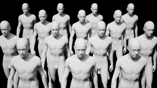 Army of robots. A crowd of cyborg workers marching in formation. 3D animation