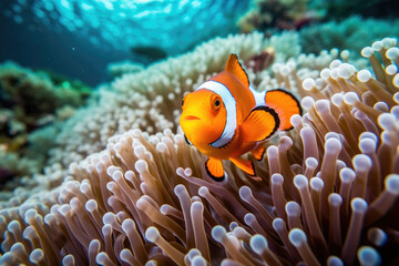 Naklejka na ściany i meble Underwater view of a clowfish swimming among coral reefs and marine life
