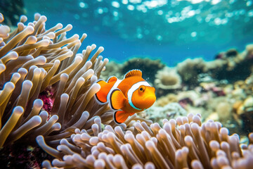 Fototapeta na wymiar Underwater view of a clowfish swimming among coral reefs and marine life
