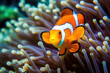 Underwater view of a clowfish swimming among coral reefs and marine life