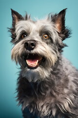 happy old gray and black terrier dog on plain blue studio background