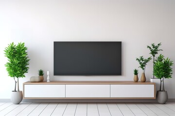 Mockup a TV wall mounted with armchair in living room with a white wall. Generative AI