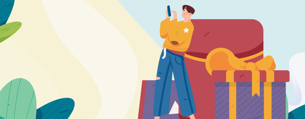 Holiday Shopping E-Commerce Online Shopping People Flat Vector Concept Operation Hand Drawn Illustration
