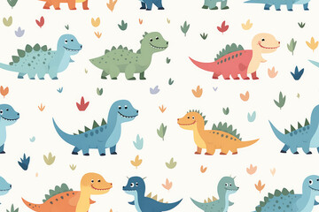 Cute seamless pattern of lots of cartoon doodle dinosaurs. Pastel delicate light colors, repeat dino animals texture, baby pattern.