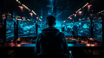 Obraz premium Back view of programmer in a dark office with blue light, cyber security.