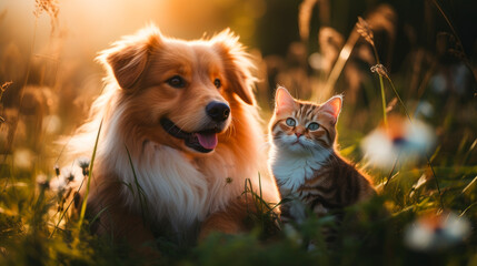 Two cute furry friends adorable cat and cheerful dog are sitting together in a summer meadow