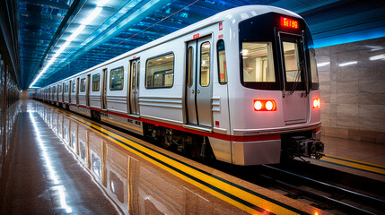 Modern glossy subway train at empty subway station
