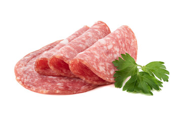 Sliced smoked sausage and parsley leaves on a white background.