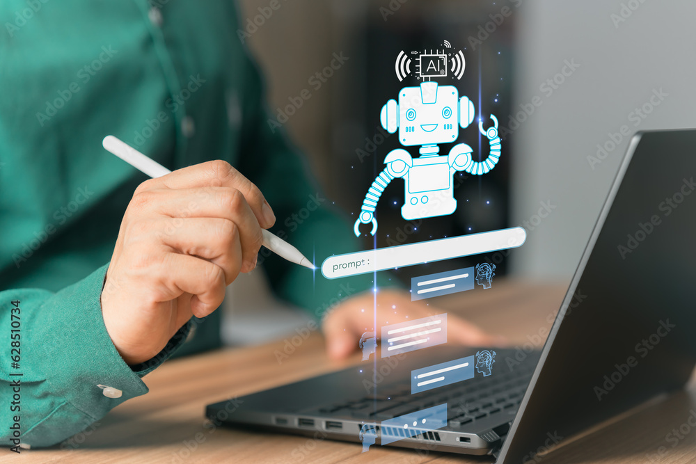 Poster Chat with Ai. Adult man chatting with a smart AI or artificial intelligence using an artificial intelligence chatbot developed. Futuristic technology transformation. Chatbot, Artificial intelligence.