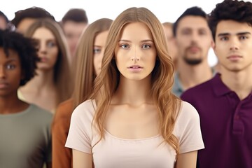 Frustrated young woman standing among multi ethnic group of people.