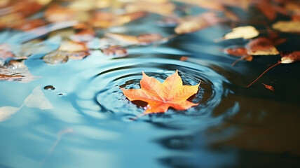 an autumn yellow leaf fell into a puddle leaving circles on the clear water.