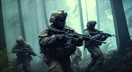 Fototapeta premium Soldiers in military gear and bulletproof vests cover each in full combat readiness.