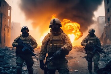 Army soldier in action on war, Great explosion with fire and smoke billows.