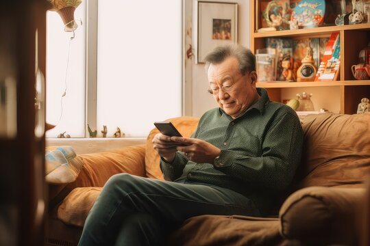 Senior uses mobile app to refill prescription at home. Photo generative AI