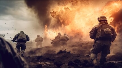 Army soldier in action on war, Great explosion with fire and smoke billows.