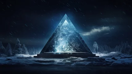 Foto op Canvas blue pyramid in a snowfall at night generative ai © muhammad