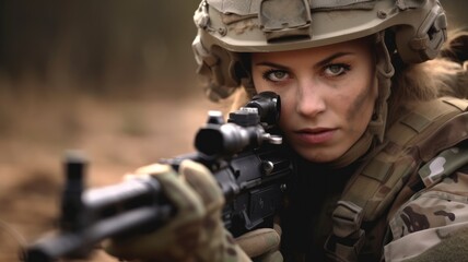 Fototapeta premium Sniper woman, Soldier is ready to shoot, Soldier.