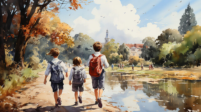 watercolor painting drawing a group of friends  school children go back to school view from the back with backpacks