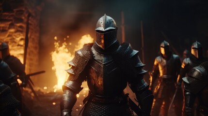 Knight in armor on the battlefield, Fantasy medieval battle.