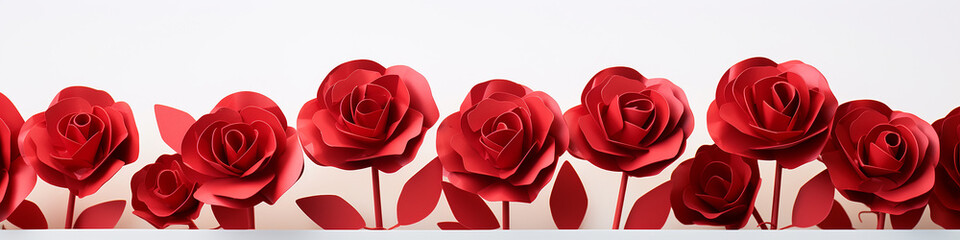 a row of red three-dimensional roses on a white background ornament.